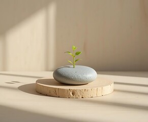 Minimalist Zen Stone and Leaf Still Life on Wooden Platform with Soft Natural Shadows
