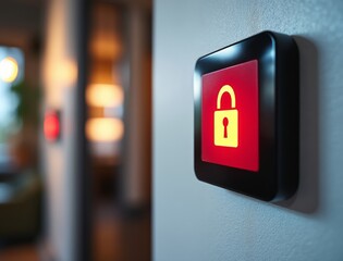 Illuminated padlock symbol on security device mounted on wall