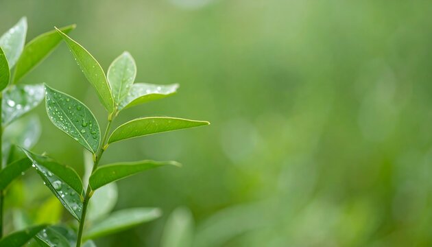 Close-up view of lush green leaves covered in dew drops, showcasing a soft, natural, and refreshing scene. - Powered by Adobe