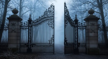 Eerie Forest Entrance with Ornate Iron Gates and Misty Pathway  Gothic Landscape Photography for Halloween or Fantasy Themes