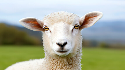 Fototapeta premium A close-up portrait of a sheep, showcasing its fluffy wool and expressive eyes, set against a serene countryside background.