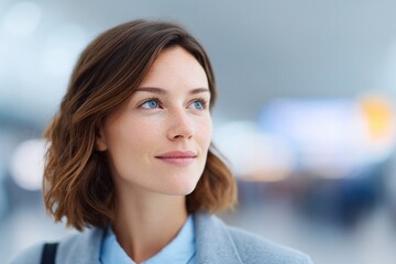 Fototapeta premium Confident woman gazes thoughtfully, showcasing determination in