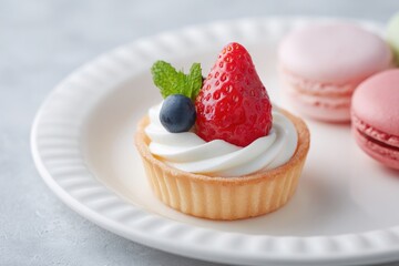 Delicate dessert features creamy frosting topped with fresh stra