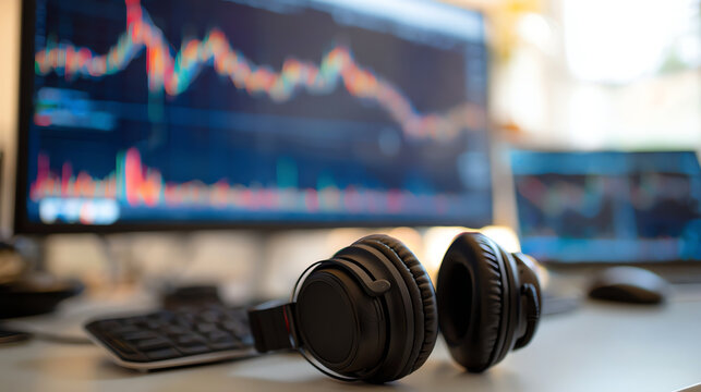 A close-up of headphones on a desk with computer screens displaying stock market data, symbolizing technology and finance.