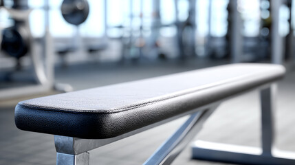 A close-up view of a gym bench, highlighting its sleek design and sturdy construction, perfect for strength training.