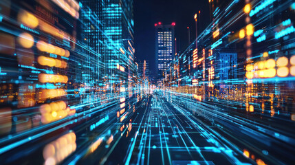 A bustling cityscape at night with illuminated buildings and glowing lights, creating a vibrant and dynamic urban environment.