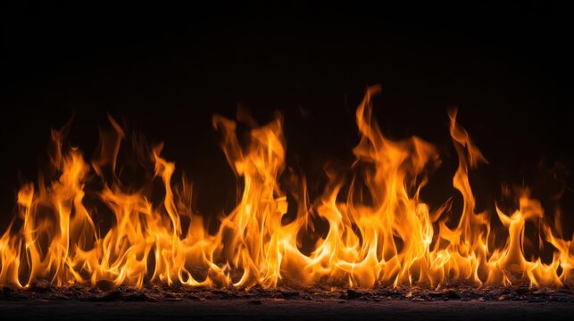 Intense Flames Dancing Against Black Backdrop Close Up Low Angle Fiery Texture Warmth Danger Abstract Energy Powerful