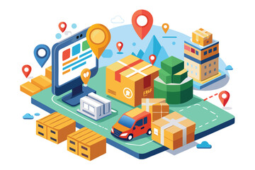 Obraz premium Isometric Parcel Delivery Network with Location Pins, Boxes, and Dynamic Logistics Platform Integration Visualization