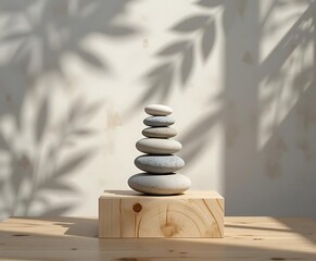 Minimalist Zen Stone and Leaf Still Life on Wooden Platform with Soft Natural Shadows