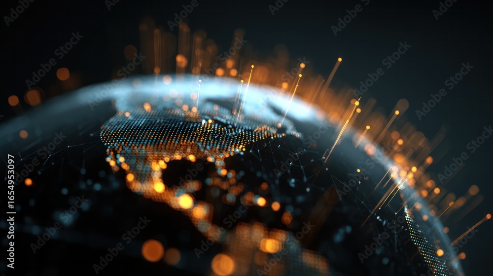 Poster global network connections: illuminated nodes representing the interconnectedness of our world, show
