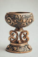 Ornate Bronze Chalice Close-Up Studio Shot Displaying Intricate Carvings and Elegant Design on White Background