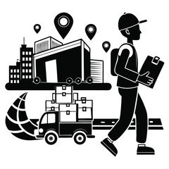 Delivery Service Concept Featuring a Person With Packages and Location Pins, Illustrating Package Delivery and Destination Points