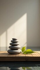 Minimalist Zen Stone and Leaf Still Life on Wooden Platform with Soft Natural Shadows