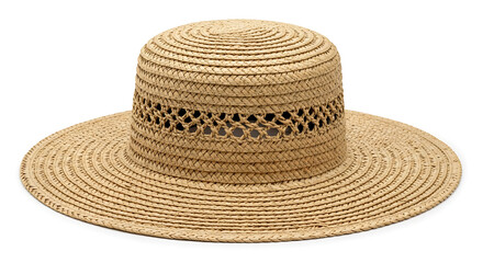 Elegant summer style captured in a classic wide-brimmed woven straw sun hat isolated on a white background.