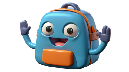 A cartoon backpack with a happy facial expression