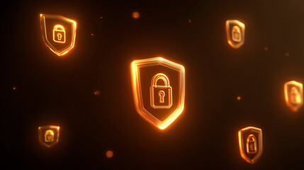 A futuristic representation of security icons with glowing locks on shields, symbolizing digital protection and cybersecurity.