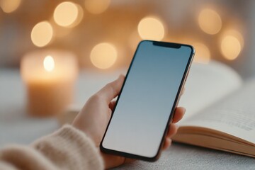 Hand holding smartphone with blank screen, soft candlelight ambi