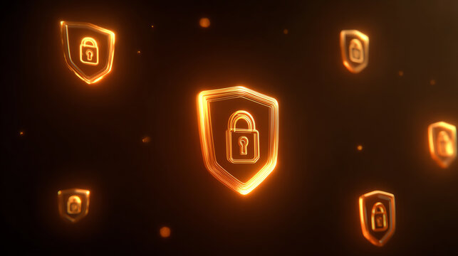 A futuristic representation of security icons with glowing locks on shields, symbolizing digital protection and cybersecurity.