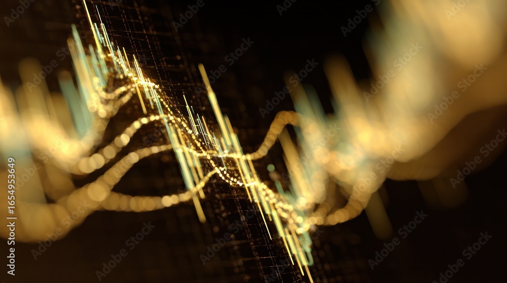 Poster golden data flow: a visualization of digital data streaming across a dark backdrop, represented by f