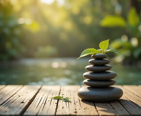 Minimalist Zen Stone and Leaf Still Life on Wooden Platform with Soft Natural Shadows