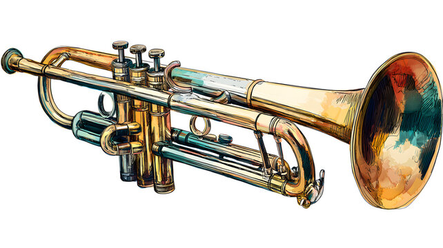 vector illustration of hand-drawn trumpet isolated, brass trumpet isolated, trumpet isolated, vintage brass trumpet