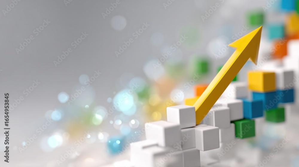 Poster ascending arrow: a symbolic golden arrow pointing upwards ascends through a pixelated structure of d