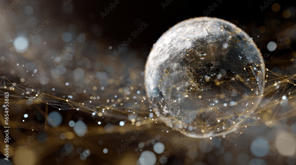 Poster global network: an artistic view showcasing interconnected network, resembling a sphere encompassed 