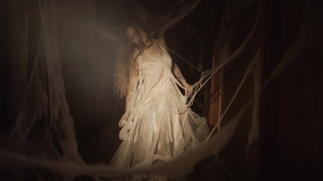 Frightening woman dead bride with Halloween zombie wounded makeup in convulsions wears spider web in corridor.