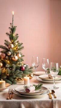 A charming christmas dinner table setting with a small decorated tree, candles, and elegant tableware, perfect for holiday gatherings