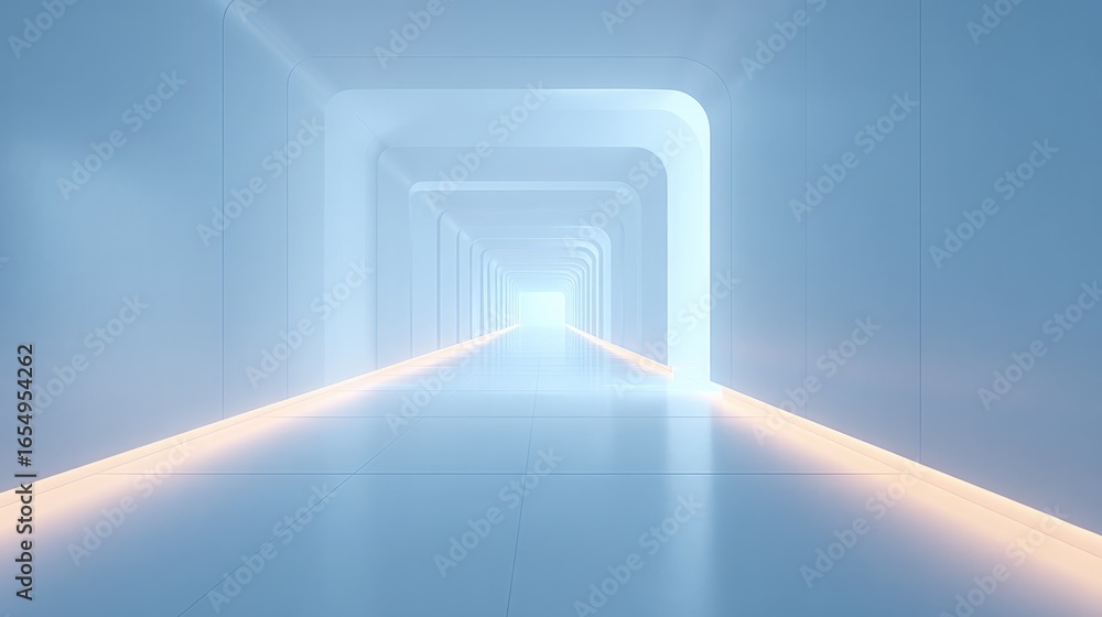 Poster futuristic corridor illuminated by soft light, creating an ether