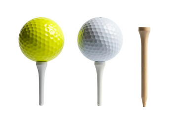 Two golf balls on tees and one wooden tee isolated on transparent background