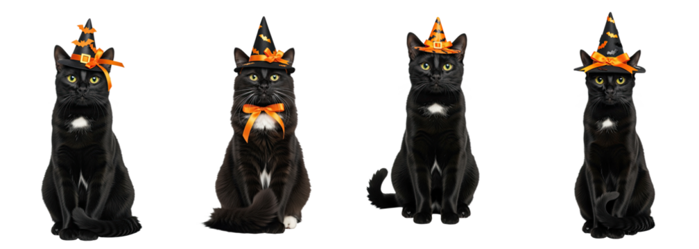 Black cat with white chest wearing orange witch hat and bow, Halloween festive mood with cute pet sitting isolated on white