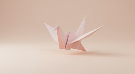 Delicate pink origami crane symbolizes peace and hope against a soft, neutral background