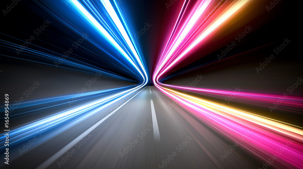 Poster a mesmerizing light trail effect representing speed and motion in a futuristic design during a night