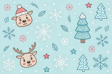 Cute cartoon reindeer and snowflakes pattern for christmas and winter holidays, festive handdrawn illustration