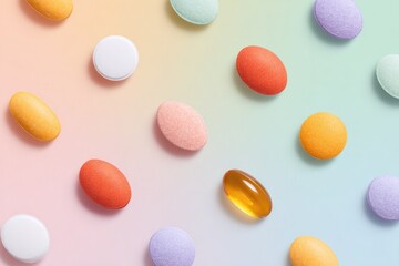 Colorful assortment of pills arranged artistically on soft gradi