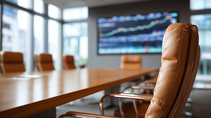 A modern conference room featuring a sleek table, comfortable chairs, and a large screen displaying financial graphs.