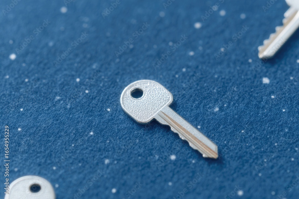 Poster shiny keys scattered on textured blue background create intrigui