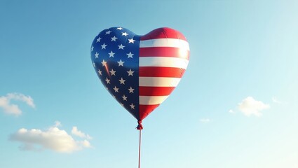 Heart-shaped balloon with American flag design floating against a clear blue sky