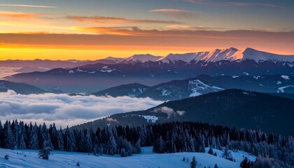 Obraz premium Winter sunrise over snowy mountains