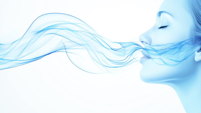 A woman with closed eyes, wearing a blue dress, against a white background. The image conveys a sense of calm and serenity.