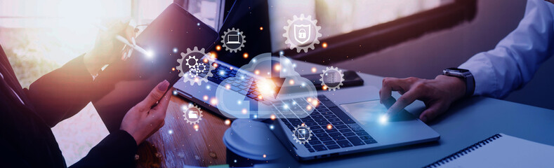 man showing virtual screen with cloud computing diagram. and Data storage. Networking and internet service concept.