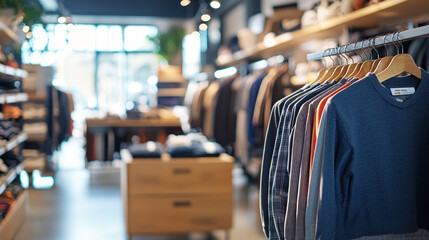 A clothing store with a variety of shirts on display.