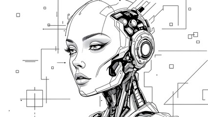 Robotic woman portrait abstract geometric lines android