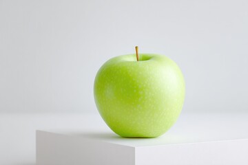 Shiny green apple placed on minimalist white pedestal, fresh and