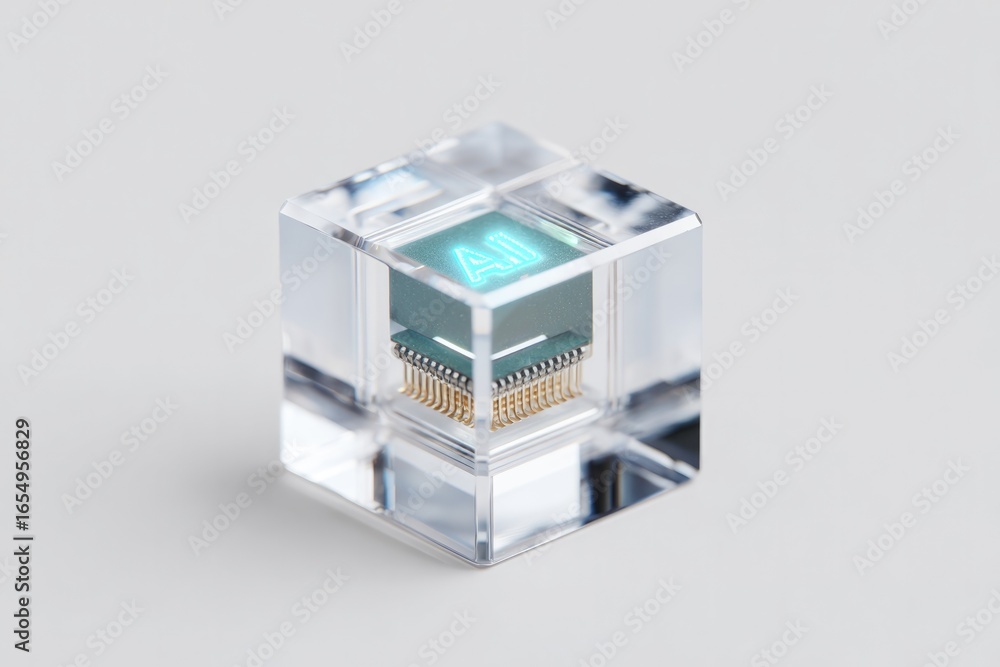 Poster transparent cube with embedded turquoise element, showcasing mod