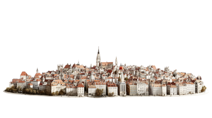 Detailed European City Panorama with Red Roofs and Historic Architecture on Transparent Backdrop for Design