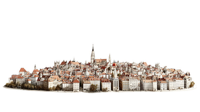 Detailed European City Panorama with Red Roofs and Historic Architecture on Transparent Backdrop for Design - Powered by Adobe