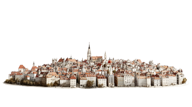 Detailed European City Panorama with Red Roofs and Historic Architecture on Transparent Backdrop for Design