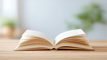 Open book rests on wooden table, soft light highlights pages and